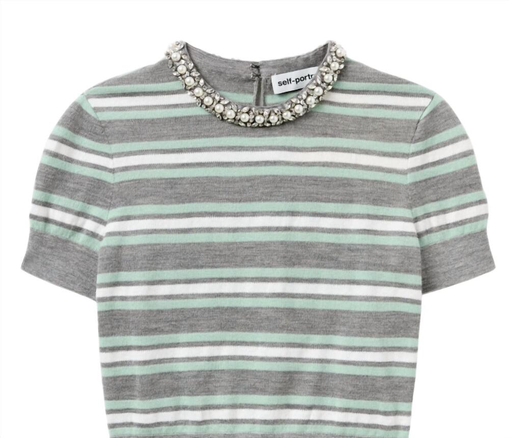 NEW SELF-PORTRAIT women's striped crystal trim knit top in grey